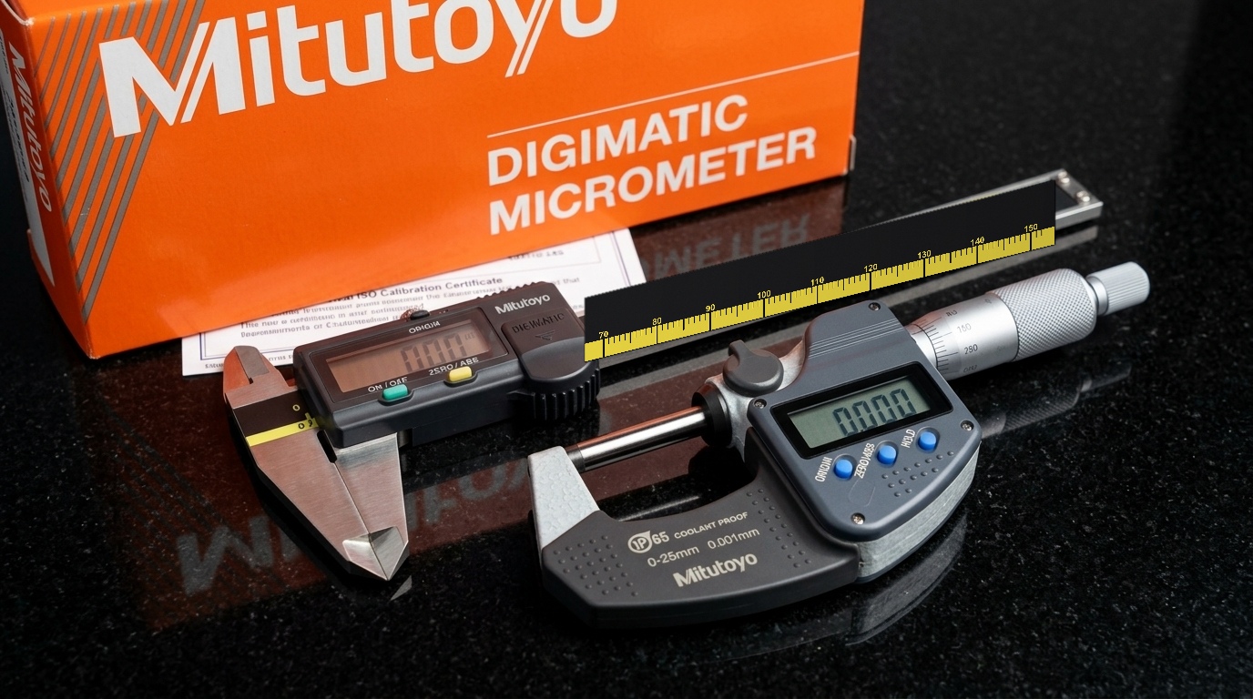 Instruments de métrologie industrielle Mitutoyo dans l'atelier Alcyde : micromètre d'extérieur numérique IP65 et pied à coulisse digital sur marbre de contrôle