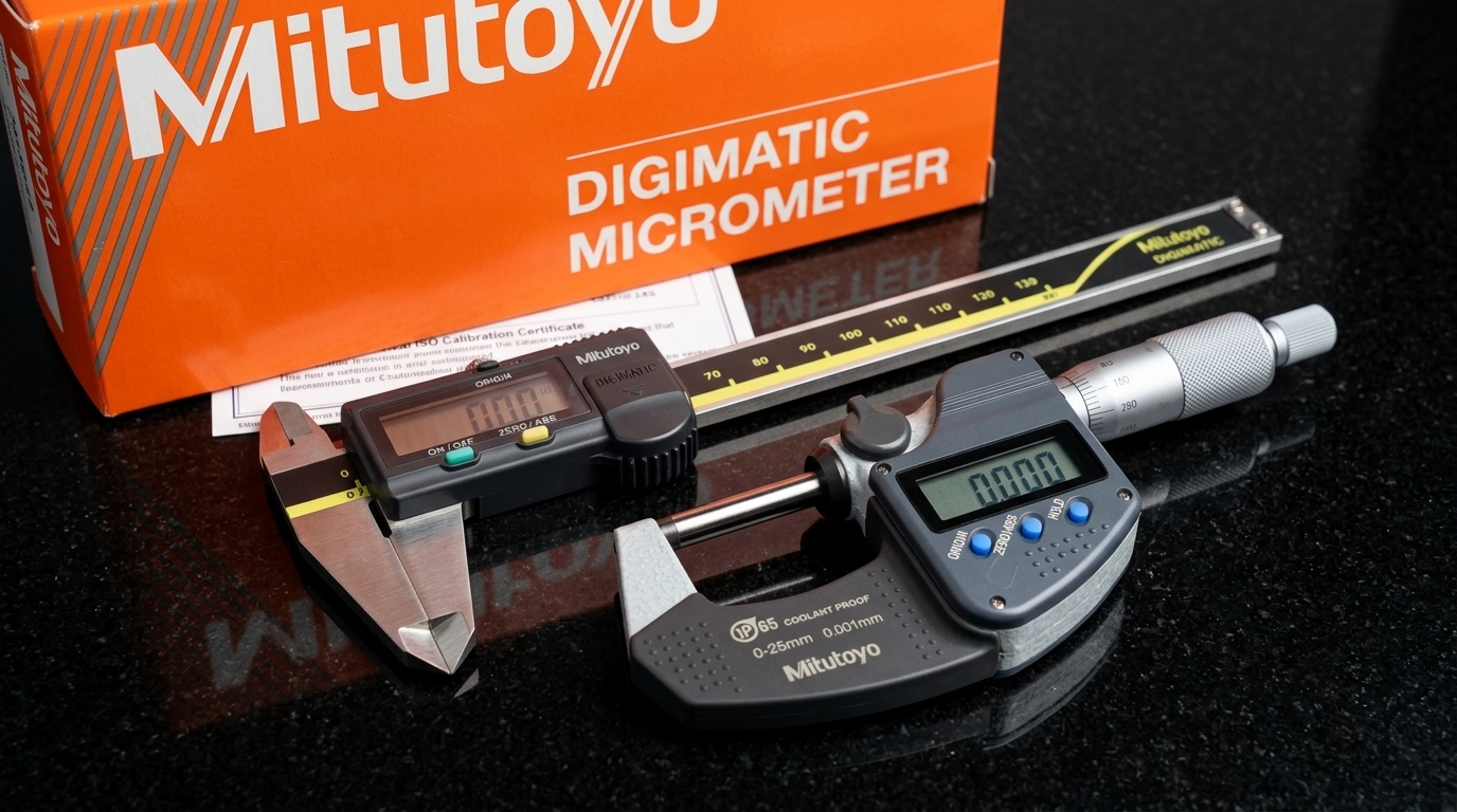 Instruments de métrologie industrielle Mitutoyo dans l'atelier Alcyde : micromètre d'extérieur numérique IP65 et pied à coulisse digital sur marbre de contrôle